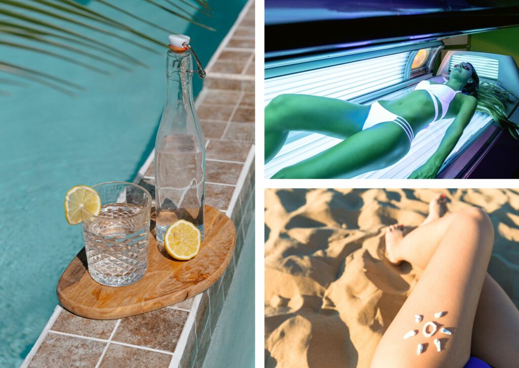 Collage Sommerbräune erhalten: Wasserflasche, Frau im Solarium, Beine im Sand